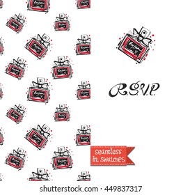 Double sided greeting card in bright fashion style. Seamless pattern with french perfume on one side and on another big accessory element with lettering: rsvp.