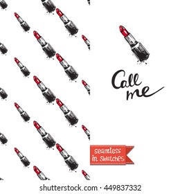 Double sided greeting card in bright fashion style. Seamless pattern with red lipstick on one side and on another big accessory element with lettering: call me.