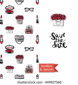 Double sided greeting card in bright fashion style. Seamless pattern with flat shoes on one side and on another big accessory element with lettering: save the date.