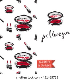 Double sided greeting card in bright fashion style. Seamless pattern with blush brush on one side and on another big accessory element with lettering: ps i love you.