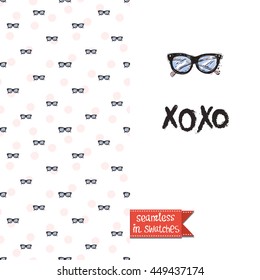 Double sided greeting card in fashion style. Seamless pattern with retro hipster glasses on one side and on another big accessory element with lettering: xoxo.