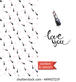 Double sided greeting card in fashion style. Seamless pattern with lipstick on one side and on another big accessory element with lettering: love you.