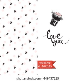 Double sided greeting card in fashion style. Seamless pattern with blush brush on one side and on another big accessory element with lettering: love you.