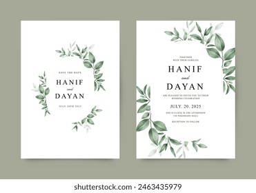 Double sided invitation template with green leaves