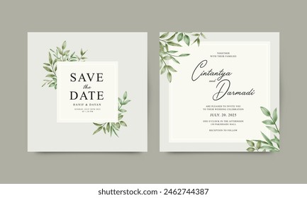 Double sided minimalist wedding invitation set with watercolor leaves