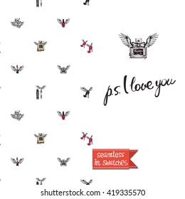 Double sided modern fashion greeting card and hand drawn illustration. Glamour glossy makeup accessories You make me happy and phrase seamless pattern background, icon logo and lettering ps i love you
