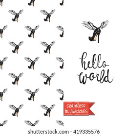 Double sided modern fashion greeting card with hand drawn illustration. Glamour glossy makeup accessories black heel and heel seamless pattern background, icon or logo and lettering: hello world