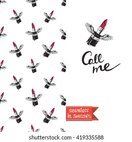 Double sided modern fashion greeting card with hand drawn illustration. Glamour glossy makeup accessories lipstick and wine seamless pattern background, icon or logo and lettering: call me