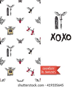 Double sided modern fashion greeting card with hand drawn illustration. Glamour glossy makeup accessories You make me happy and phrase seamless pattern background, icon or logo and lettering: xoxo