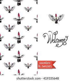 Double sided modern fashion greeting card with hand drawn illustration. Glamour glossy makeup accessories red stick and lipstick seamless pattern background, icon or logo and lettering: welcome