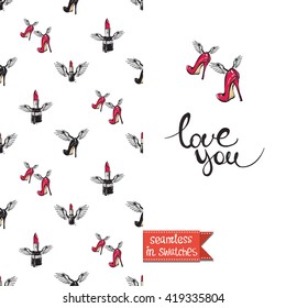 Double sided modern fashion greeting card with hand drawn illustration. Glamour glossy makeup accessories red heels and heel seamless pattern background, icon or logo and lettering: love you