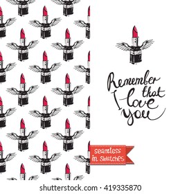 Double sided modern fashion greeting card hand drawn illustration. Glamour glossy makeup accessories lipstick and wine seamless pattern background, icon or logo and lettering: remember that i love you