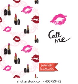 Double sided modern greeting card for hen-party or glamour glossy makeup evening with pink rouge and lipstick seamless pattern background, icon and lettering: call me.