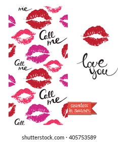 Double sided modern greeting card for hen-party or glamour glossy makeup evening with call me and script seamless pattern background, icon and lettering: love you.