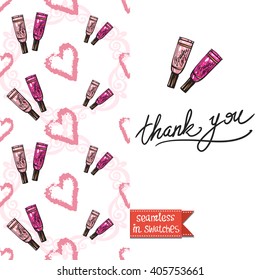 Double sided modern greeting card for hen-party or glamour glossy makeup evening with heart and lipstick seamless pattern background, icon and lettering: thank you.