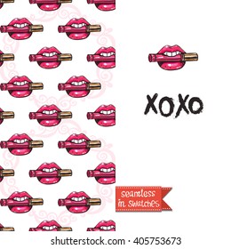 Double sided modern greeting card for hen-party or glamour glossy makeup evening with lipstick mouth and biting seamless pattern background, icon and lettering: xoxo.