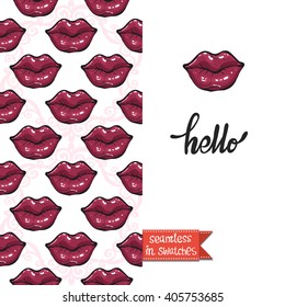 Double sided modern greeting card for hen-party or glamour glossy makeup evening with rouge lips and lipstick seamless pattern background, icon and lettering: hello.