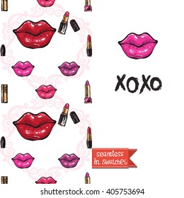 Double sided modern greeting card for hen-party or glamour glossy makeup evening with pink lips and lipstick seamless pattern background, icon and lettering: xoxo.