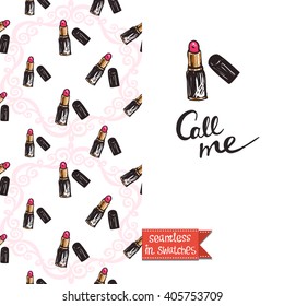 Double sided modern greeting card for hen-party or glamour glossy makeup evening with pink lipstick and pinky seamless pattern background, icon and lettering: call me.