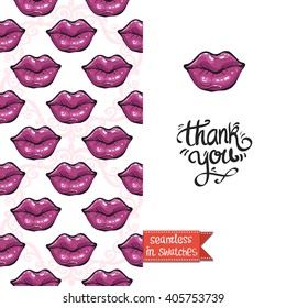 Double sided modern greeting card for hen-party or glamour glossy makeup evening with paint lips and lipstick seamless pattern background, icon and lettering: thank you.