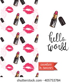 Double sided modern greeting card for hen-party or glamour glossy makeup evening with pink lipstick and pinky seamless pattern background, icon and lettering: hello world.