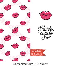 Double sided modern greeting card for hen-party or glamour glossy makeup evening with pink mouth and lipstick seamless pattern background, icon and lettering: thank you.