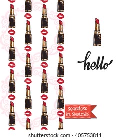 Double sided modern greeting card for hen-party or glamour glossy makeup evening with lip stick and wine seamless pattern background, icon and lettering: hello.