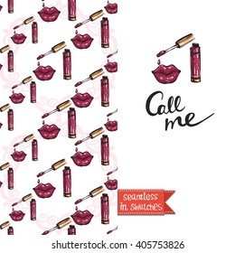 Double sided modern greeting card for hen-party or glamour glossy makeup evening with rouge lips and lipstick seamless pattern background, icon and lettering: call me.