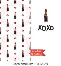 Double sided modern greeting card for hen-party or glamour glossy makeup evening with lip stick and wine seamless pattern background, icon and lettering: xoxo.