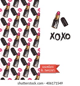 Double sided modern greeting card for hen-party or glamour glossy makeup evening with pink lipstick and pinky seamless pattern background, icon and lettering: xoxo.
