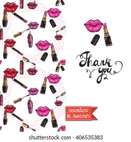 Double sided modern greeting card for hen-party or glamour glossy makeup evening with pink lips and lipstick pattern background, icon and lettering: thank you.