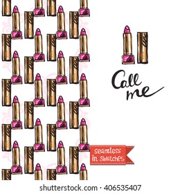 Double sided modern greeting card for hen-party or glamour glossy makeup evening with rouge and lipstick pattern background, icon and lettering: call me.