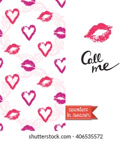 Double sided modern greeting card for hen-party or glamour glossy makeup evening with heart and lipstick pattern background, icon and lettering: call me.