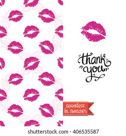 Double sided modern greeting card for hen-party or glamour glossy makeup evening with lips imprint and kiss pattern background, icon and lettering: thank you.