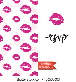 Double sided modern greeting card for hen-party or glamour glossy makeup evening with lips imprint and kiss aapattern background, icon and lettering: rsvp.