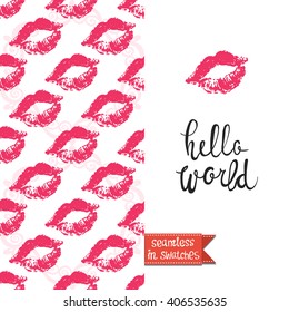 Double sided modern greeting card for hen-party or glamour glossy makeup evening with kiss and lipstick pattern background, icon and lettering: hello world.