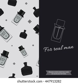 Double sided modern greeting card for man, seamless pattern with perfume.