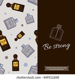 Double sided modern greeting card for man, seamless pattern with perfume.