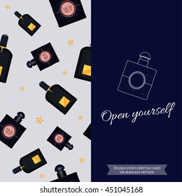 Double sided modern greeting card for fashionable women, seamless pattern with perfume.