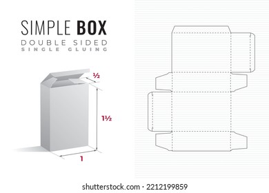 Double Sided Packaging Box Die Cut Half Length One and a Half Height Template with 3D Preview - Editable Blueprint Layout with Cutting and Scoring Lines on Background - Vector Draw Graphic Design