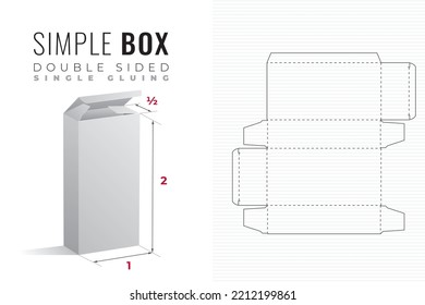 Double Sided Packaging Box Die Cut Half Length Double Height Template with 3D Preview - Editable Blueprint Layout with Cutting and Scoring Lines on Background - Vector Draw Graphic Design