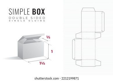 Double Sided Packaging Box Die Cut One and a Half Width Half Length Template with 3D Preview - Editable Blueprint Layout with Cutting and Scoring Lines on Background - Vector Draw Graphic Design