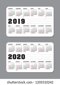 Double sided pocket calendar 2019 - 2020 week starts from Sunday. Vector calendar design template.  Greeting card. Vector illustration.