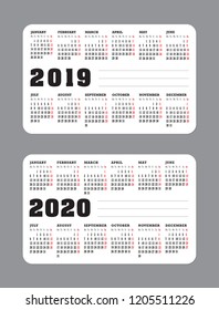 Double sided pocket calendar 2019 - 2020 week starts from Monday. Vector calendar design template. Week starts from monday. Greeting card. Vector illustration.