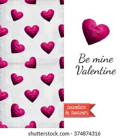 Double sided romantic valentines greeting card for Valentine day invitation with valentine heart and passion seamless pattern background and lettering: be mine valentine. Seamless pattern in swatches