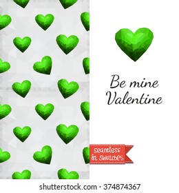 Double sided romantic valentines greeting card for Valentine day invitation with green heart and love seamless pattern background, icon and lettering: be mine valentine. Seamless pattern in swatches
