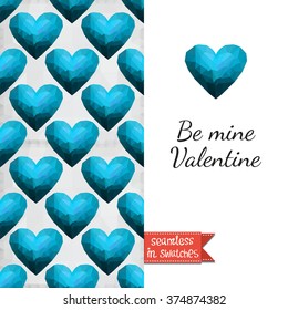 Double sided romantic valentines greeting card for Valentine day invitation with blue heart and passion seamless pattern background, icon and lettering: be mine valentine. Seamless pattern in swatches