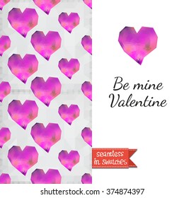 Double sided romantic valentines greeting card Valentine day invitation with lavender heart and passion seamless pattern background, icon and lettering: be mine valentine. Seamless pattern in swatches