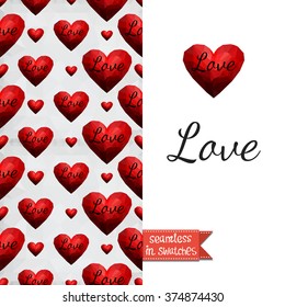 Double sided romantic valentines greeting card for Valentine day invitation with red heart and passion seamless pattern background, icon and lettering: love. Seamless pattern in swatches