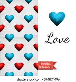 Double sided romantic valentines greeting card for Valentine day invitation with blue heart and passion seamless pattern background, icon and lettering: love. Seamless pattern in swatches
